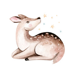 Christmas watercolor deer. Cute kids xmas fawn forest animal illustration, new year card or poster.