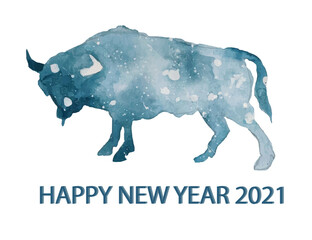 Obraz premium watercolor bull greeting card symbol of 2021 silhouette of a hoofed animal inscription blank design greetings on a white background horizontal orientation