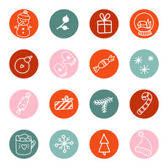 Big vector highlights cover icon set for social media stories. Christmas icons. Winter theme. Hand drawn round templates for contemporary bloggers. 