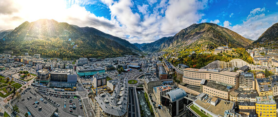 Aerial view of Andorra la Vella, the capital of Andorra, in the Pyrenees mountains between France...