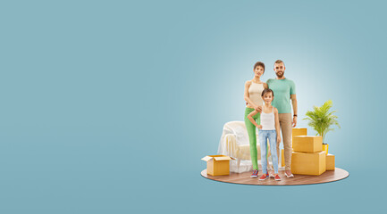 Unusual 3d illustration of a Happy family enjoying new home.