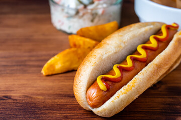 American traditional fast food Hotdog with fresh organic bread bun white wheat and black charcoal...