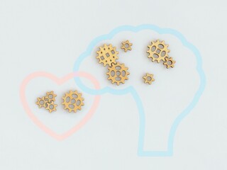 wooden gears in brain and in heart, symbol on the grey background, creative concept