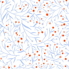 Seamless floral pattern for textile, wrapping paper, background and wallpaper. Hand drawn flower template in blue and red colors.