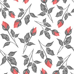 Vintage flowers and leaves. A bouquet of roses. Seamless patterns. Pastel colors. Isolated vector illustrations.
