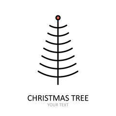 Vector outline icon with Christmas tree with toys. Red and white silhouette with black line.