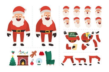 Santa claus character with various facial expressions, hand gestures, body and leg movement illustration. Character for christmas motion design
