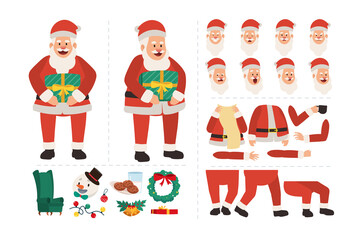 Santa claus holding christmas gift. Character for animation design with various facial expressions, hand gestures, body and leg movement illustration