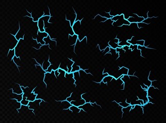 Ground cracks with magic blue light isolated on a black background. Abstract volcanic fissures set, vector decorative elements. Magic spell concept.