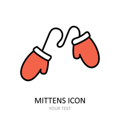 Vector outline icon winter clothes - mittens. Red and white silhouette with black line.