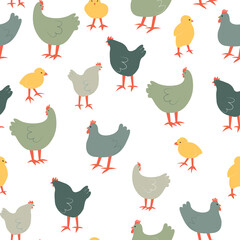 Seamless pattern with cute cartoon hens. Animal print.
