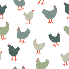 Seamless pattern with cute cartoon hens. Animal print.