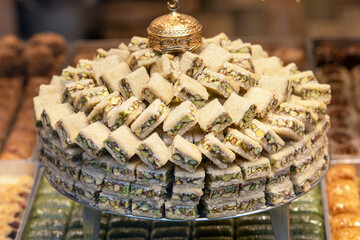 Plate with Turkish delight, sweet pastry at a shop in Turkey
