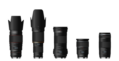 Set of professional realistic camera lenses. Vector illustration. EPS 10.