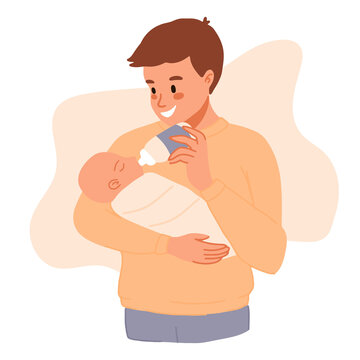 Father feeding newborn son. Baby feeding position. Man feeds infant with milk bottle. Father's day banner, clip art. Flat cartoon vector illustration. Happy Modern fatherhood, parenting