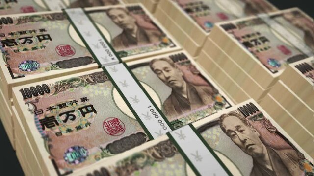 Japanese Yen money pack loop 3d animation. Camera over the 10000 JPY banknote bundle stacks. Loopable seamless concept of finance, economy crisis, market, business recession, Japan bank, debt and tax.
