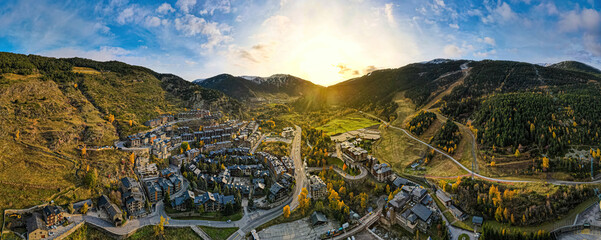 Aerial view of village of El Tarter in Andorra, located in the parish of Canillo - obrazy, fototapety, plakaty