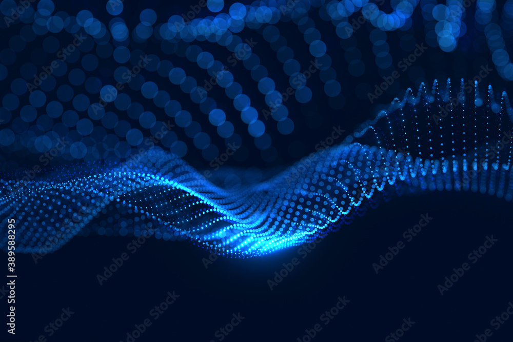 Aufkleber moving neon blue dots pattern forming a digital network connection on dark background