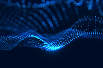 Obraz premium Moving neon blue dots pattern forming a digital network connection on dark background