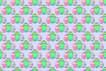 A seamless Easter background illustration of easter eggs and polka dots against a purple background