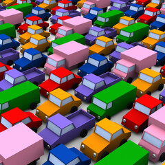 3D illustration of many colorful cars in a traffic jam.