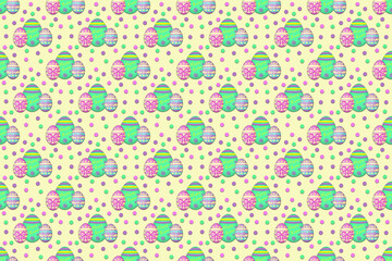 A seamless Easter background illustration of easter eggs and polka dots against a yellow background