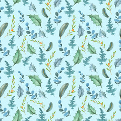 Winter florals leaves and branches seamless pattern.