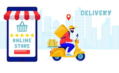 Online delivery contactless service to home, office by motorcycle. Online order tracking. Delivery service. Courier in protective mask deliver goods and food on scooter. Delivery app on a smartphone