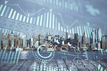 Double exposure of technology theme hologram and cityscape background. Concept of Hightech.