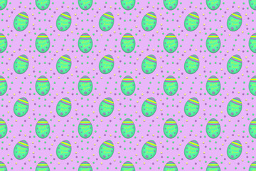 A seamless Easter background illustration of green easter eggs and polka dots against a purple background