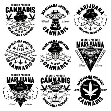 Marijuana growing set of vector emblems with alien