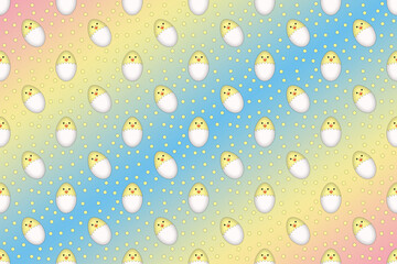 A seamless Easter background illustration of cute yellow easter chicks eggs and polka dots against a light pastel color background