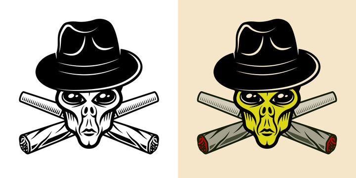 Alien head in hat and two weed joints two styles
