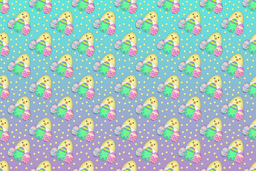 A seamless Easter background illustration of cute easter chicks and eggs with polka dots against a light purple and blue background