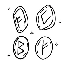 Hand drawn vector isolated runes. Black outline illustration of magic stones with runes on it. Witchcraft aesthetic tools.