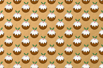 Fototapeta premium Illustration of traditional Christmas puddings with green holly and and red berries against a luxury gold background.