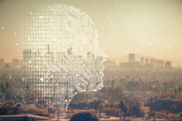 Brain hologram drawing on cityscape background multi exposure. Ai in modern city concept.