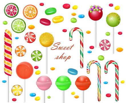 Set of sweets on white background. Candies and snacks. - hard candy, candy cane, lollipop. 