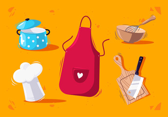 Vector illustration of a set of kitchen items, cooking apron, pot, chef's hat, kitchen knife with cutting Board, bowl