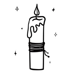 Hand drawn vector isolated candle icon. Black outline illustration of candle. Witchcraft aesthetic tools.