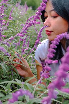 Beautiful Asian Woman Smelling Lavender Flowers