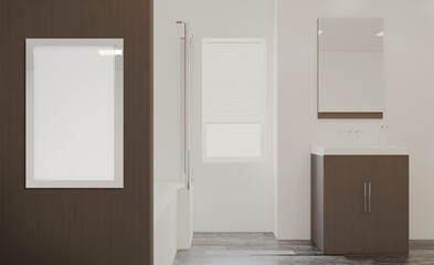 Clean and fresh bathroom with natural light. 3D rendering.. Mockup.   Empty paintings