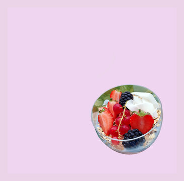 Coconut muesli glass bowl with fresh fruits, strawberries, currants, blueberries over pastel background