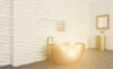 White wavy tiles on the walls. Bathroom in bright colors. Bronze bath and washbasin.. 3D rendering,. Sunset.. Abstract blur phototography. wooden table on blurred background.