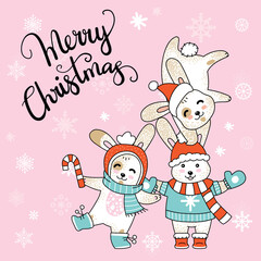 Vector Merry Christmas card with funny happy characters celebrating isolated on pink background. Deer, Unicorn and Fox. Calligraphy. For decor, design, congratulation cards, prints.