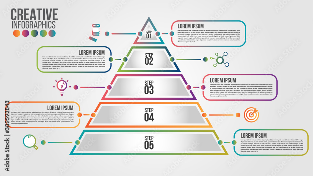 Aufkleber pyramid infographic colorful template with 5 steps or options concept.each part contains unique numb
