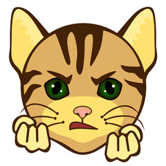 emoticon with a cool angry cat with a warped mouth threatens with two fists, color vector clip art on white isolated background