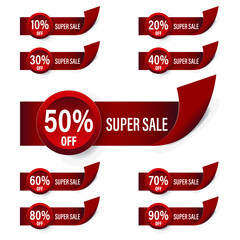 A set of sale banners. Abstract modern bright graphic elements for a mega sale. Discount up to 10 20 30 40 50 60 70 80 90 percent. Banner icon template for super sale. black Friday. Vector 