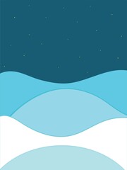 a universal background for a Christmas card. Snow drifts in blue,  dark blue and white colors. Dark evening sky with stars. Vector illustration