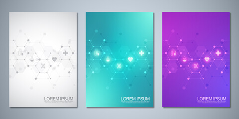 Template brochure or cover book, page layout, flyer design. Concept and idea for health care business, innovation medicine, pharmacy, technology. Medical background with flat icons and symbols.